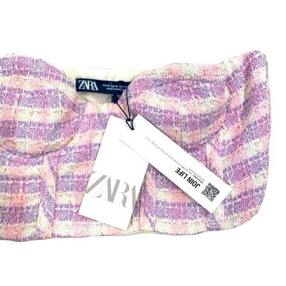 ZARA NWT Tweed Plaid Bustier Corset Crop Top Colorful Pink Purple Size Medium - Picture 7 of 10